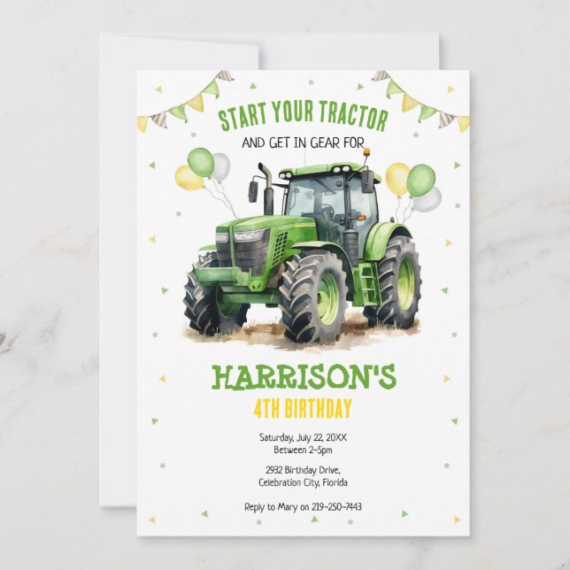 Convites Boy Green Tractor Farm Birthday Party Invitation (Frente)