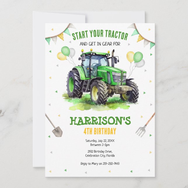 Convites Boy Green Tractor Farm Birthday Party Invitation (Frente)