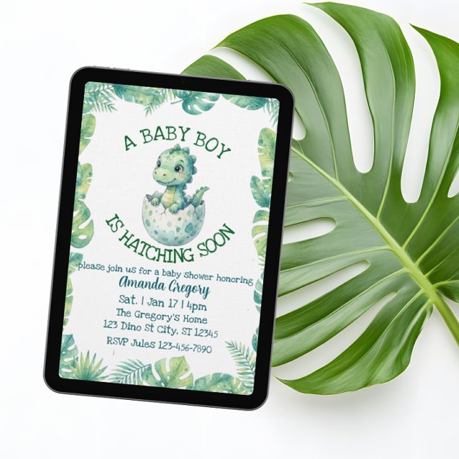 Convites Boy Hatching Soon, Green Dino Baby Shower (Criador carregado)