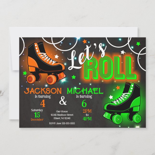 Convites Boy Joint Roller Skating Birthday Party Neon Glow (Frente)