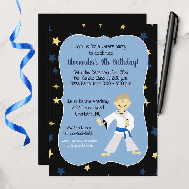 Convites Boy Karate Birthday convoca Blue Belt (Karate Birthday Invitation for a Boy)