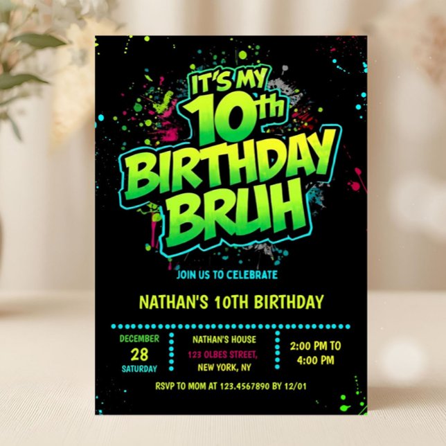 Convites Boy Neon 10th Birthday Invitation Graffiti Style (neon 10th birthday invitation, double digits birthday invitation, editable double digits invitation,)