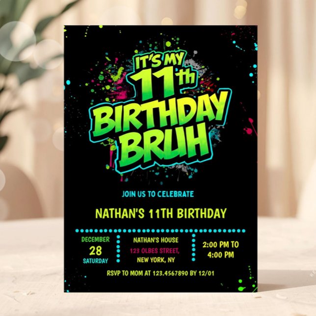 Convites Boy Neon 11th Birthday Invitation Graffiti Style (neon 11th birthday invitation, eleventh birthday invitation, editable double digits invitation, neon)