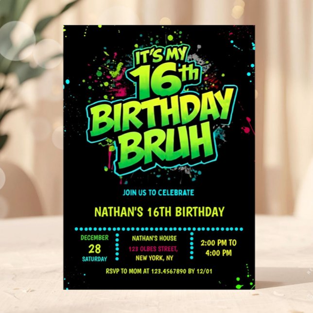Convites Boy Neon 16th Birthday Invitation Graffiti Style (neon 16th birthday invitation, sixteen birthday invitation, editable 16th birthday invitation, neon )