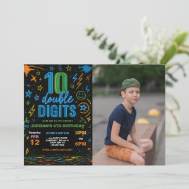 Convites Boy Neon Double Digits 10th Foto de Festa de anive