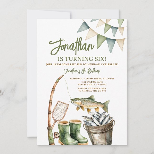 Convites Boy O-Fish-Ally Birthday Sage Green Gingham Party (Frente)