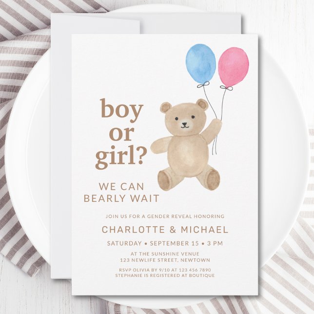 Convites Boy Or Girl Teddy Bear Balloons Gender Reveal (Criador carregado)