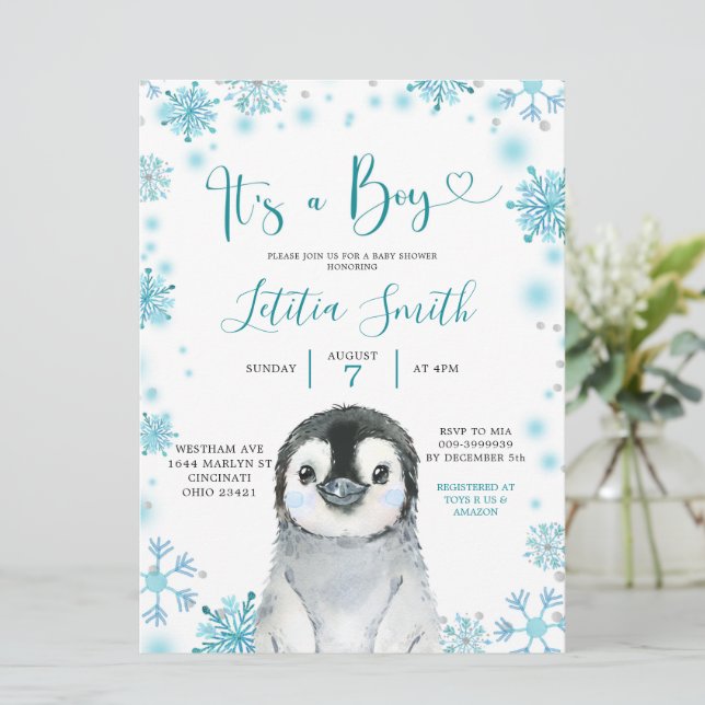 Convites Boy Penguin Winter Snowflake Chá de fraldas Invite (Em pé/Frente)