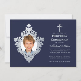 Convites Boy Photo First Communion Marinho Blue Faux Silver