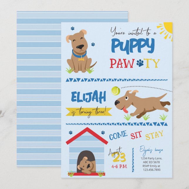 Convites Boy Puppy Birthday Pawty (Frente/Verso)
