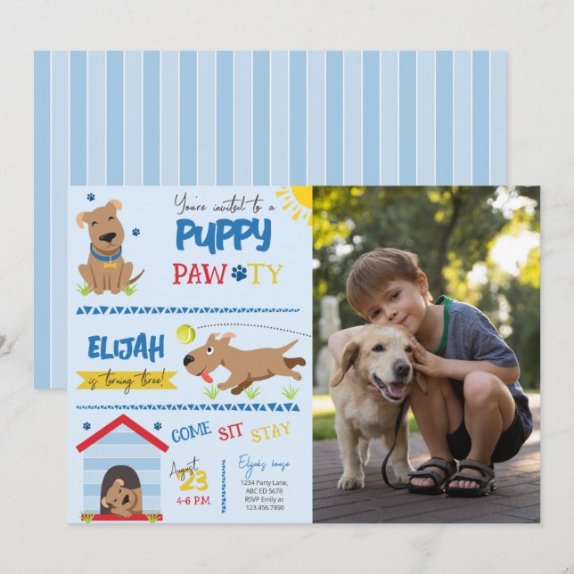 Convites Boy Puppy Birthday Pawty Photo (Frente/Verso)