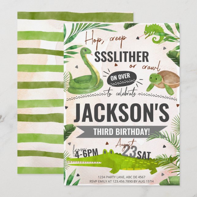 Convites Boy Reptile Festa de aniversário (Frente/Verso)