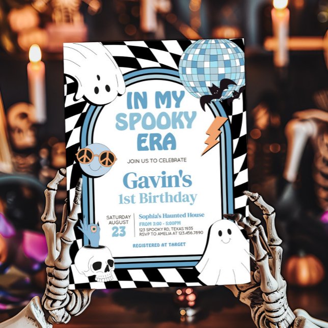 Convites Boy Retro Ghost Halloween Aniversário (Blue Retro Ghost Halloween In My Spooky Era Birthday Invitation)
