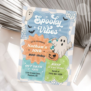 Convites Boy Retro Halloween Spooky Vibes Blue Birthday