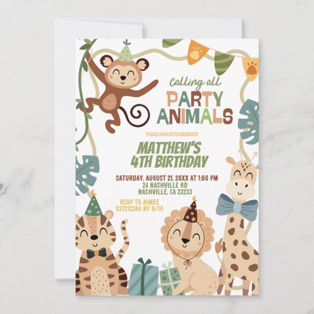 Convites Boy Safari Birthday party animals invitation (Frente)