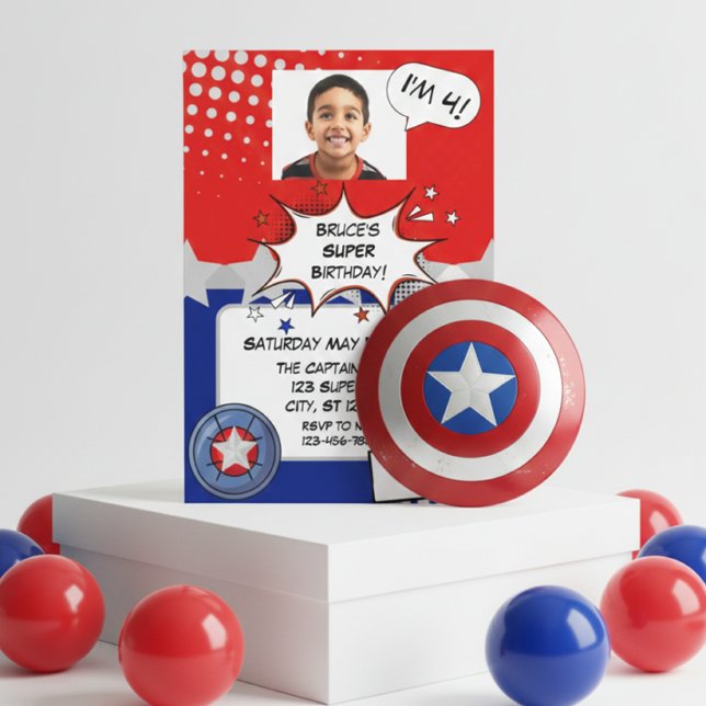 Convites Boy Superhero, red, white, silver & blue birthday (Criador carregado)