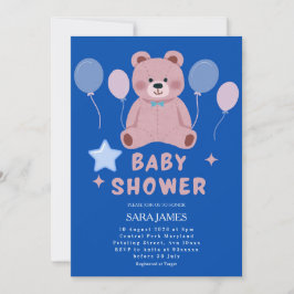 Convites Boy Sweet Teddy Bear Blue Balloon Baby Shower
