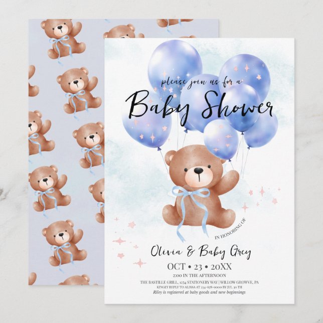Convites Boy Teddy Bear Baby Shower  (Frente/Verso)