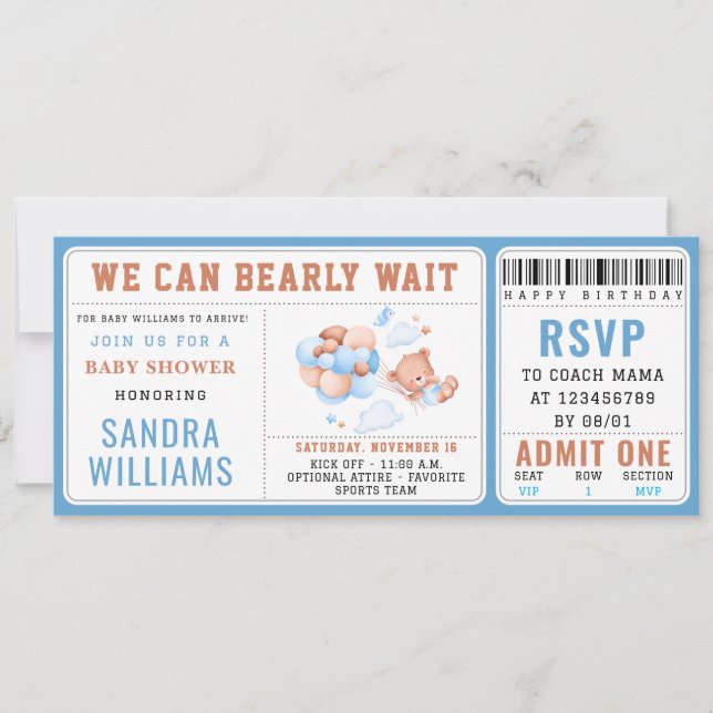 Convites Boy Teddy Bear “We Can Bearly Wait” Baby Shower  (Frente)