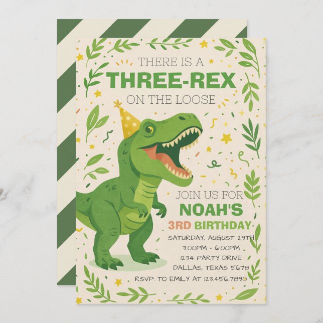 Convites Boy Three-Rex Dinosaur Birthday (Frente/Verso)
