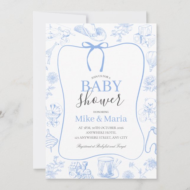 Convites Boy Toile De Jouy Blue Baby Shower Invitation (Frente)