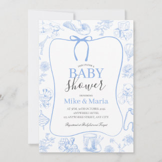 Convites Boy Toile De Jouy Blue Baby Shower Invitation