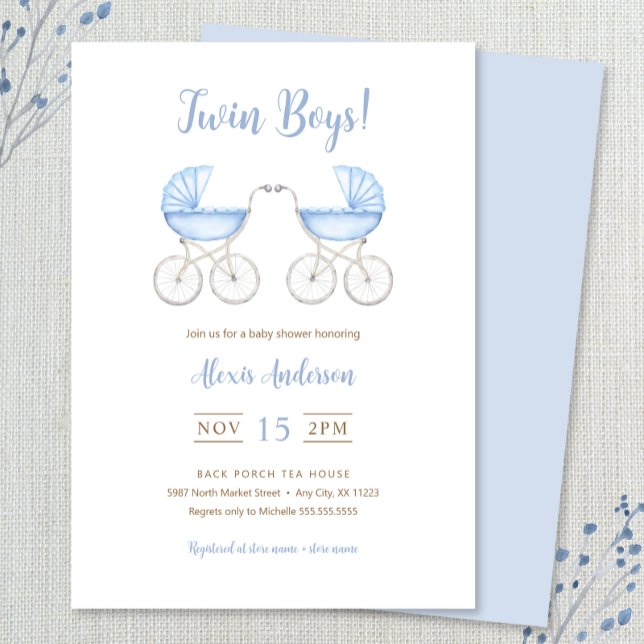 Convites Boy Twins with blue Carriages Baby Shower (Criador carregado)