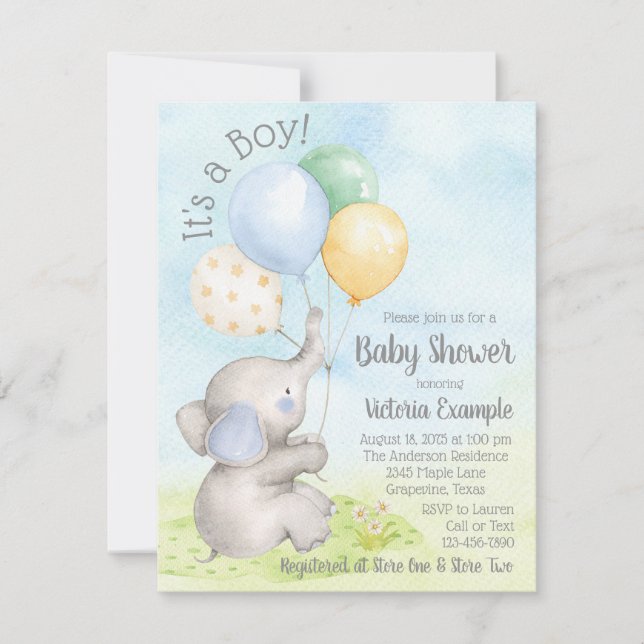 Convites Boy Watercolor Elephant Baby Shower Invants (Frente)