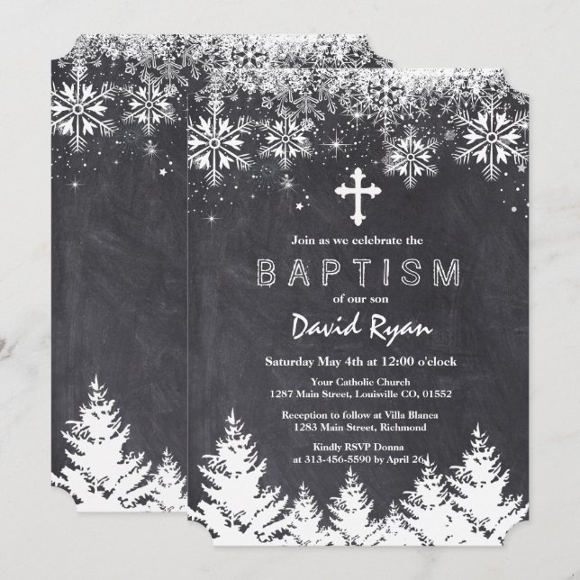 Convites Boy Winter Holiday Snowflakes Chalkboard Baptism (Frente/Verso)