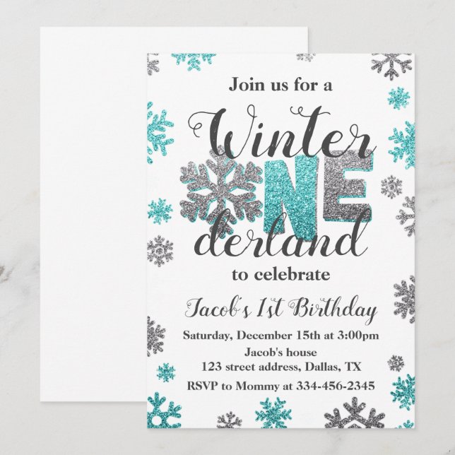 Convites Boy Winter ONEderland Birthday Invitation Glitter (Frente/Verso)