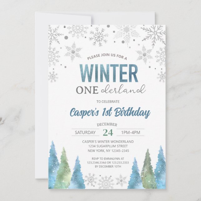 Convites Boy Winter Onederland Snowflakes Primeiro Aniversá (Frente)