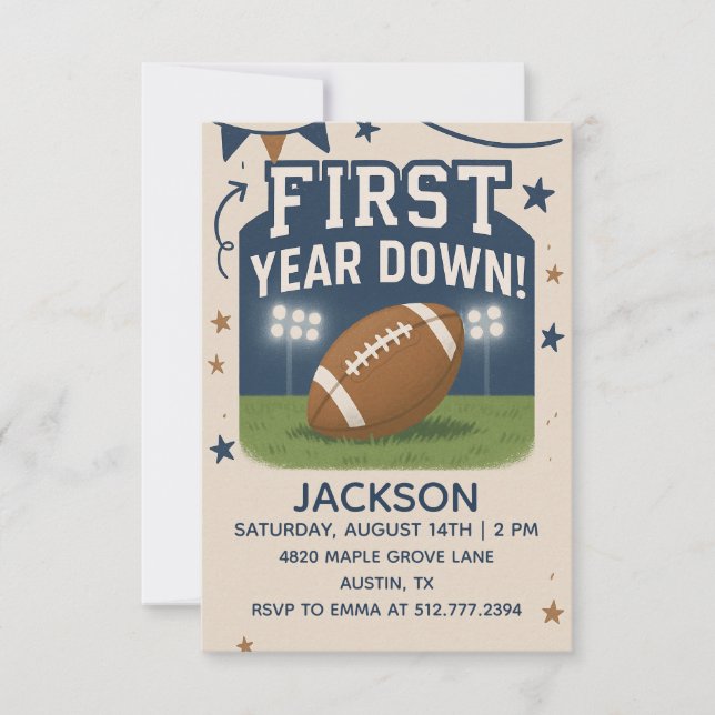 Convites Boy's 1st Birthday First Year Down -Blue Football  (Frente)