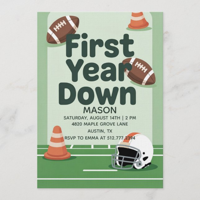 Convites Boy's 1st Birthday First Year Down - Football Bday (Frente)