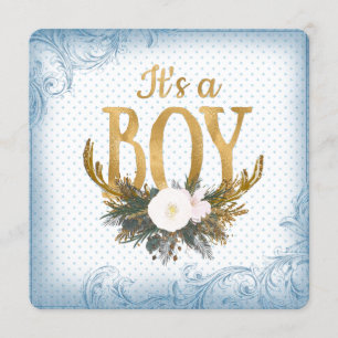 Convites Boys Antler Chá de fraldas Azul e Dourado
