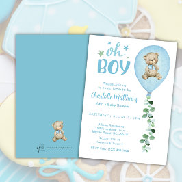 Convites Boys Bear Blue Balon Eucalyptus Chá de fraldas