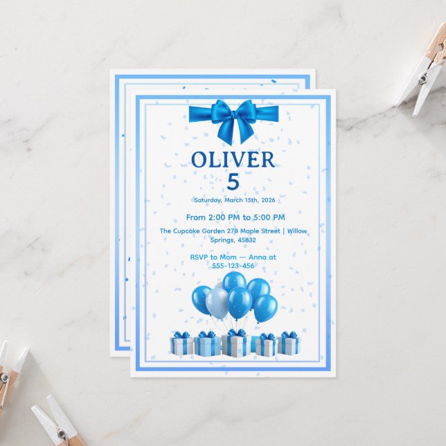 Convites Boys Birthday Invitation - Gift Boxes & Confetti (Frente/Verso In Situ)