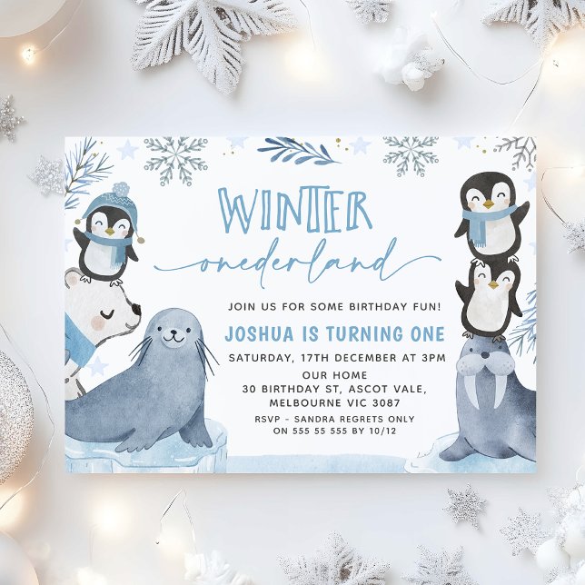 Convites Boys Blue Artic Winter Onederland primeiro anivers (eWinter Onederland 1st Birthday Invitation Boy, Arctic Animals 1st Birthday Invitation Boy Blue)