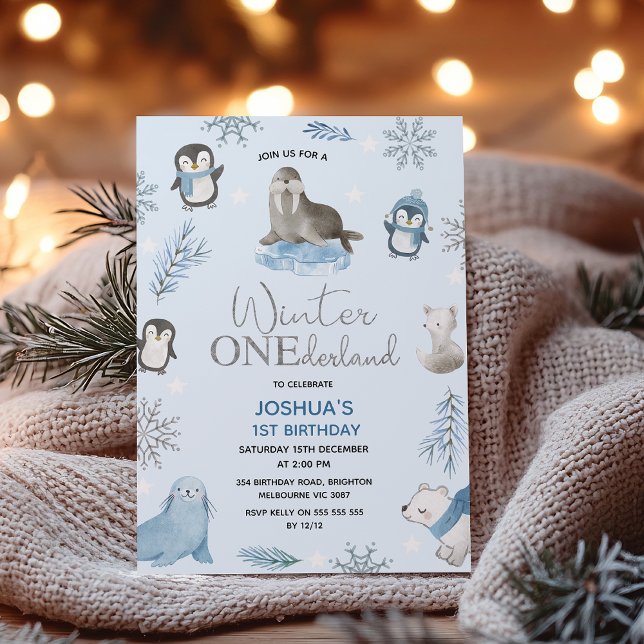 Convites Boys Blue Artic Winter Onederland primeiro anivers (Blue Arctic Animals Winter Onederland 1st Birthday Invitation Template Boy, Winter Onederland Invite)