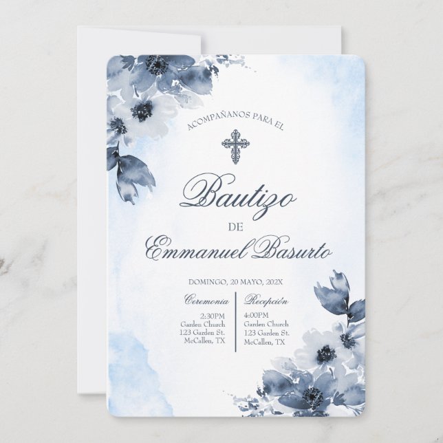 Convites Boys blue baptism with cross  (Frente)