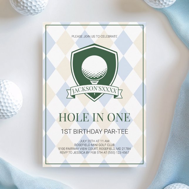 Convites Boys Blue Golf Hole in One 1st Birthday Party (Boys Blue Golf Hole in One 1st Birthday Party Invitation)