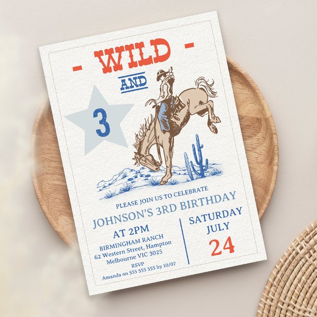 Convites Boys Blue Red Wild e Three Rodeo aniversário de 3  (Wild and Three 3rd Birthday Invitation, Rodeo 3rd Birthday Invitation, Cowboy Wild West Western)