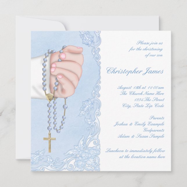 Convites Boys Blue Rosary Christening (Frente)