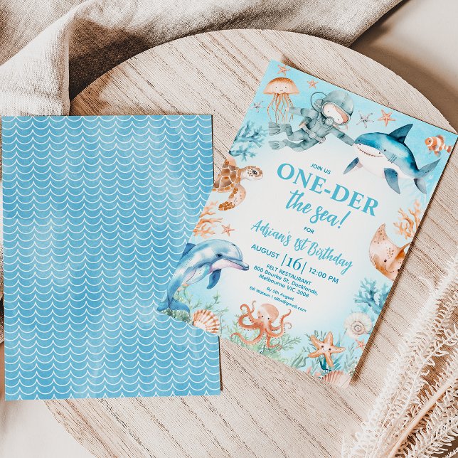 Convites Boys Blue Scuba Diver perto do primeiro aniversari (Oneder the Sea 1st Birthday Invitation, Scuba Diver 1st Birthday Invitation Template, Under The Sea)