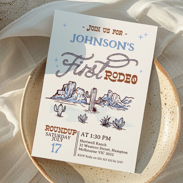Convites Boys Blue Western Desert First Rodeo primeiro aniv (Boys Retro First Rodeo 1st Birthday Invitation, First Rodeo Birthday Invitation, Cowboy Western )