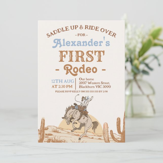 Convites Boys Brown Bronco Cowboy First Rodeo 1st Birthday (Em pé/Frente)