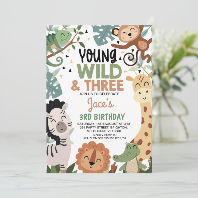 Convites Boys Brown Green Young Wild Three 3rd Birthday (Em pé/Frente)