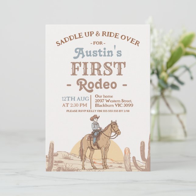 Convites Boys Brown Western Cowboy First Rodeo 1st Birthday (Em pé/Frente)