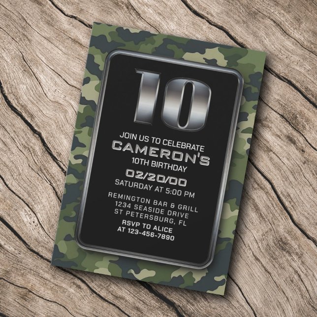 Convites Boys Camo Hunting Army 10th Birthday (Criador carregado)