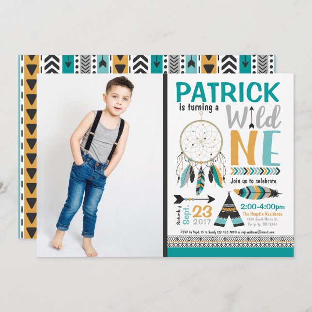 Convites Boys Dreamcatcher Wild ONE primeiro aniversario Co (Frente/Verso)