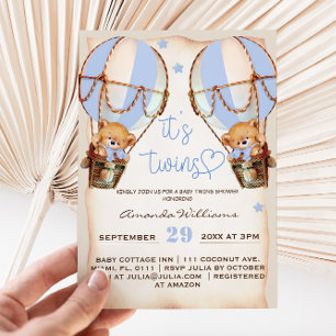 Convites Boys Gêmeos Ursos Balões e Estrelas Chá de fraldas